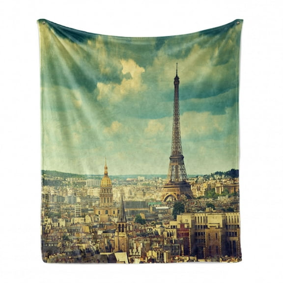 Eiffel Tower Soft Flannel Fleece Throw Blanket, Europe Famous Building Cityscape Paris France Aerial View Urban, Cozy Plush for Indoor and Outdoor Use, 50" x 60", Green Brown Mint Green, by Ambesonne