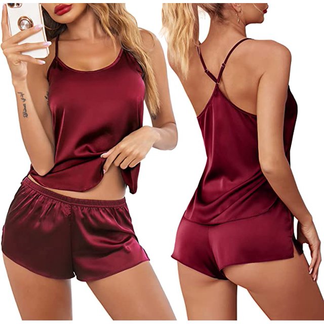 Conjunto de Pijama de satén de encaje para mujer, ropa de dormir Sexy, Tops sin mangas y pantalones cortos, conjuntos de 2 piezas qym unisex