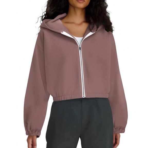 ClodeEU Women's Long Sleeved Hooded Sweatshirt, Zipper Solid Color Loose Jacket, Hoode Sweatshirts Top Coffee,Womens Plus XL