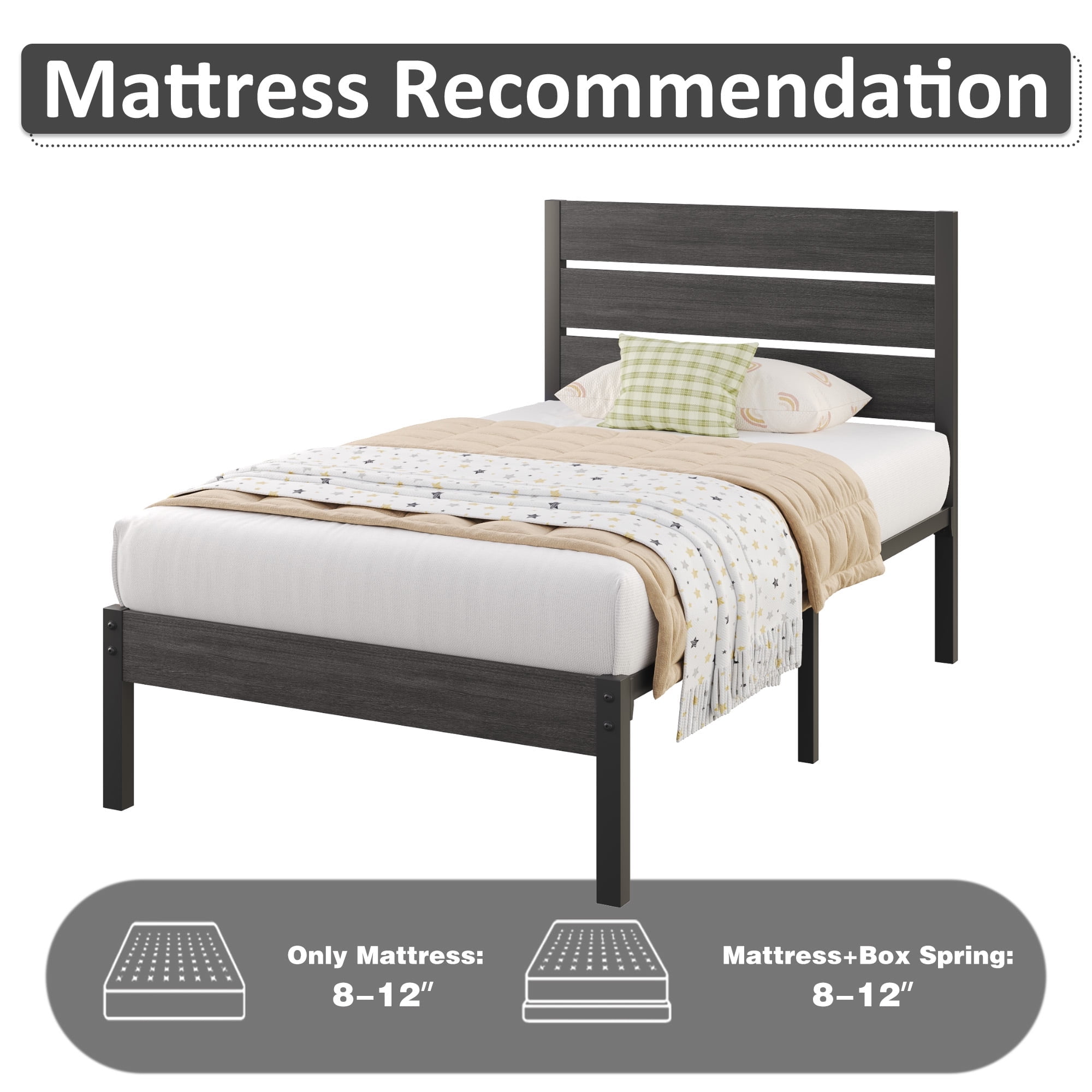 Fluest Twin Bed Frame with Rustic Vintage Wood Headboard and Footboard, Grey