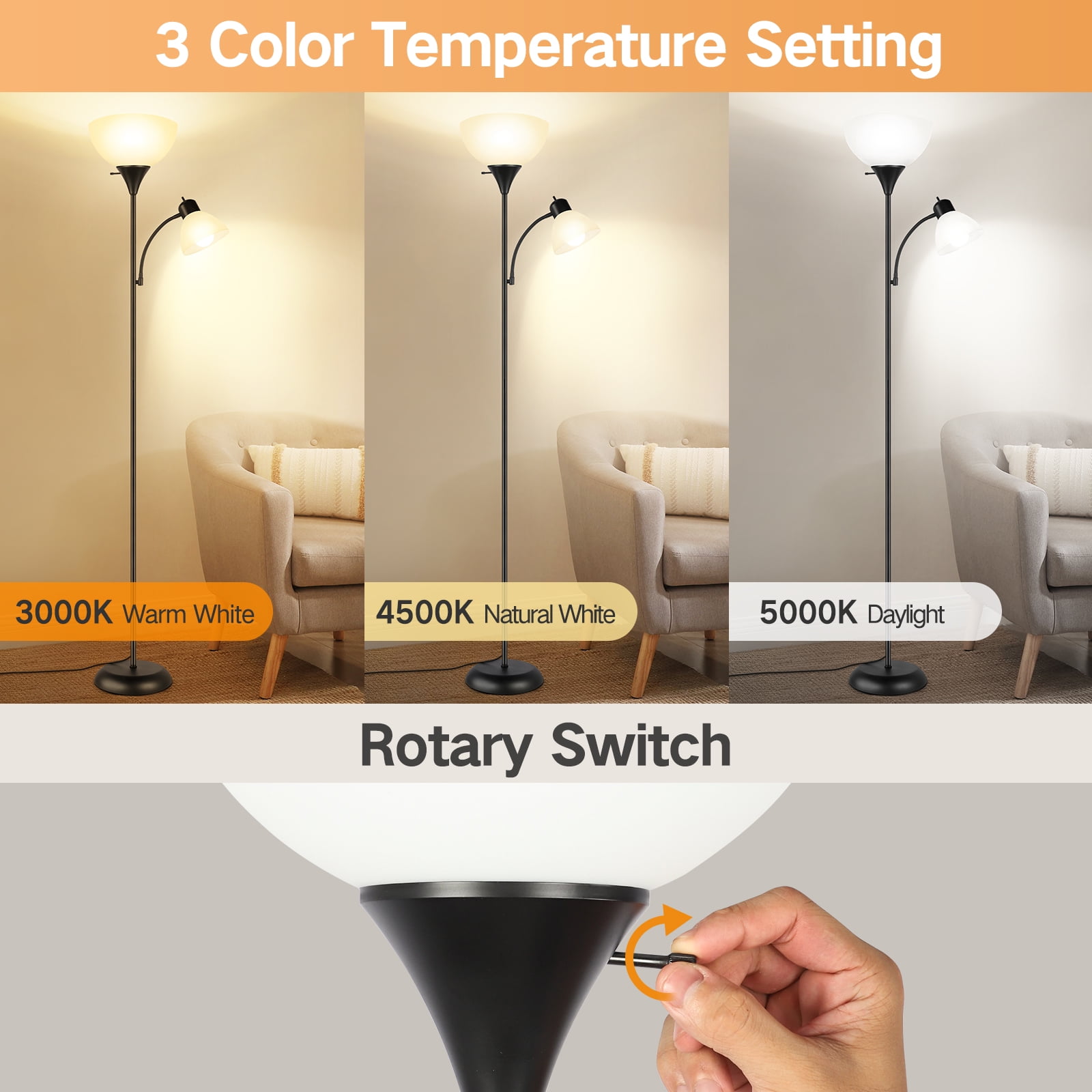 OUTON 71" Floor Lamp with Reading Light clearance, Modern 3 Color Temperature Torchiere Standing Lamp for Living Room Bedroom Office, Black, LED Bulbs Included