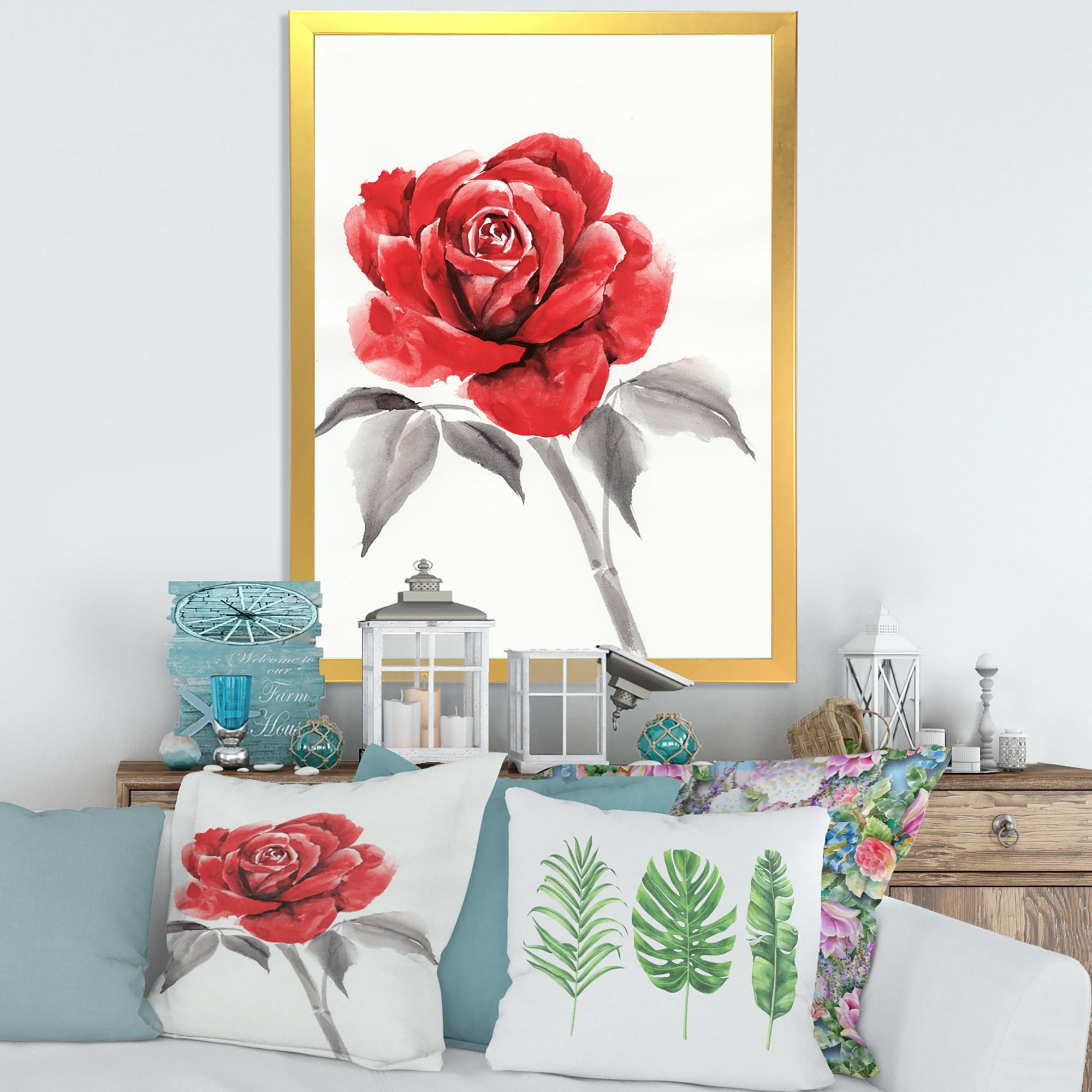 Designart 'Ancient Red Rose Flower I' Traditional Framed Art Print