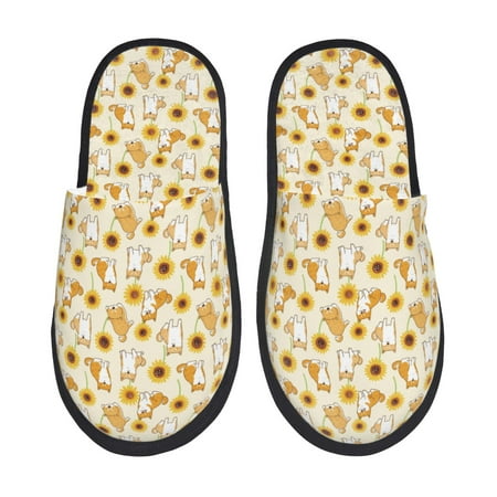 Balery Shiba Inu Sunflower Slient Indoor Furry Fleece Comfort House Shoes Soft Non-Slip Home Shoes Cotton slippers House Slippers-- Medium