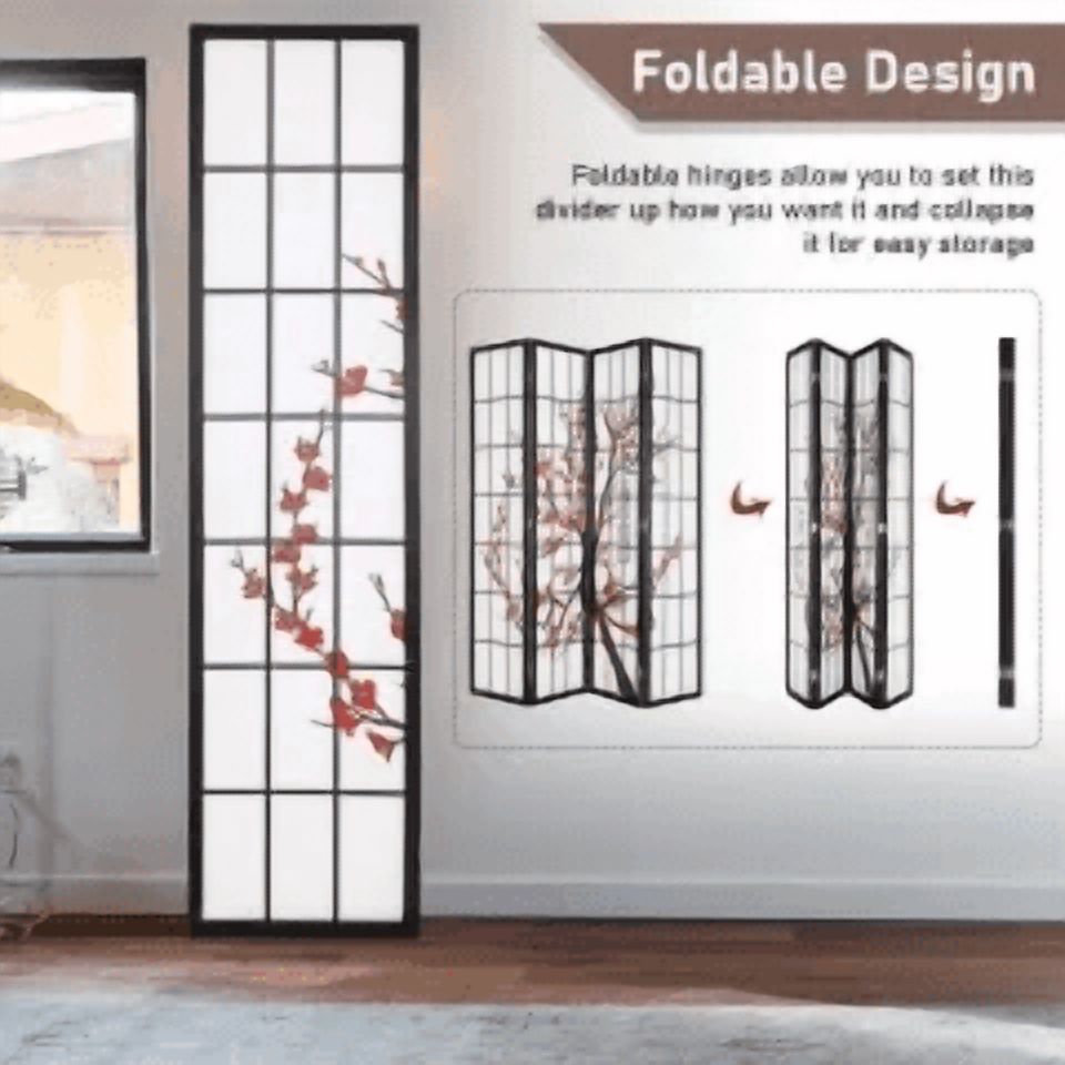 CL.HPAHKL 6Ft Tall 4 Panel Oriental Shoji Screen Room Divider, Portable Freestanding Partition Screen, Folding Privacy Divider With Oil Canvas for Room Separation, Dressing, Plum Blossom