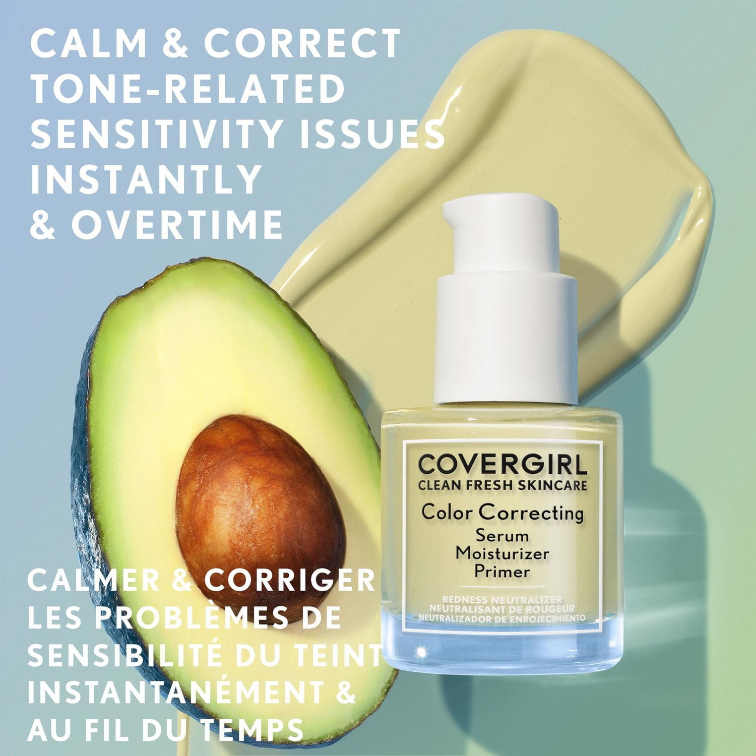 COVERGIRL Clean Fresh Sérum hydratant correcteur de couleur et apprêt riche en niacinamide, complexe d'avocat et de céramides TRUCLEAN™, 100% Sans Cruauté Sérum, crème hydratante et apprêt 3 en 1