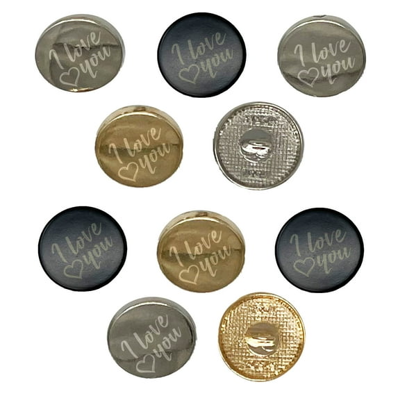 I Love You in English Heart Set of 10 Metal 0.6" (15mm) Sewing Shank Round Buttons - Gold Color