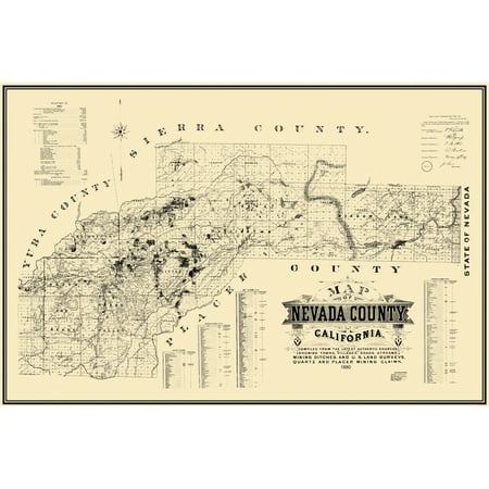 Historic Mine Map - Nevada County California - Hartwell 1880 - Vintage Wall Art