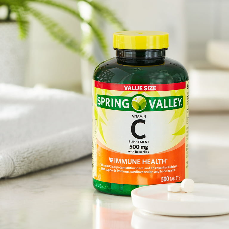 Spring Valley Vitamin C Tablets with Rose Hips, 500 mg, 500 Count Value  Size 