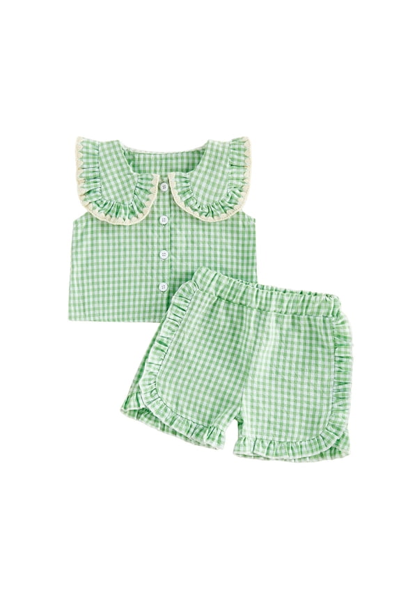 Toddler Baby Girl Outfit Peter Pan Collar Sleeveless Vest Tops Gingham Print Elastic Waist Shorts Set Summer Clothes (Green, 2-3 Years)