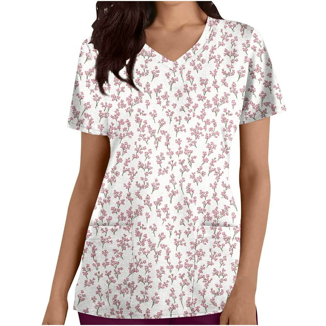Pisexur Womens Scrub Tops Boasting Colorful Floral Prints Along With Short Sleeve Scrub Tops Suitable for Nursing Uniforms With Convenient Pockets