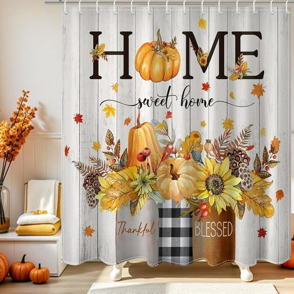 Fall Shower Curtain with 12 Hooks Autumn Pumpkins Shower Curtain, Sunflowers Maple Leaves Thanksgiving Bath Curtain for Fall Bathroom Decor, Waterproof Fabric 72 X 72 inch