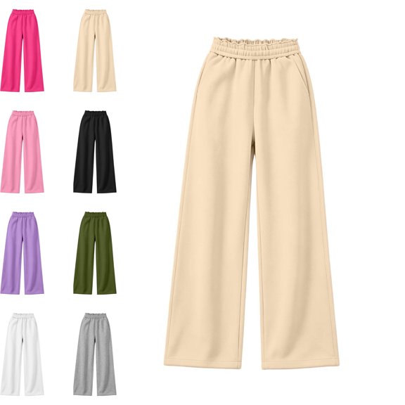 MLCDZ Girls Wide Leg Fleece Sweatpants Fall Winter Soft Elastic Waist Pants with Pockets Casual Lightweight Vacation School Uniform Trousers