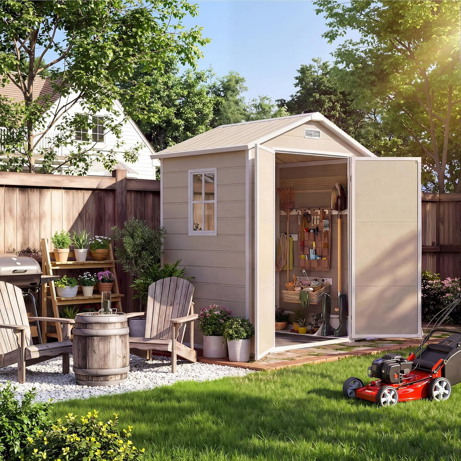 6x4 FT Outdoor Storage Shed with Floor, Plastic Resin Garden Shed with Window & Sloping Roof & Lockable Door for Patio Backyard Garden, Lawn Mower, Bike, Tool Storage
