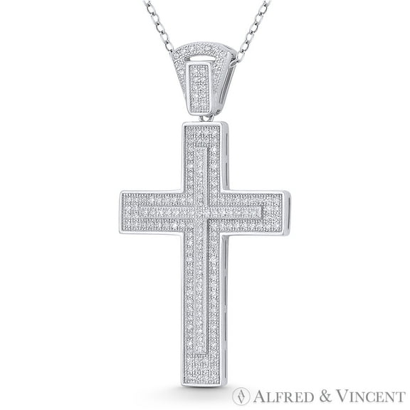 Latin Cross Cubic Zirconia CZ Crystal Pave 47x25mm (1.9x1in) Christian Pendant & Chain Necklace in .925 Sterling Silver w/ Rhodium
