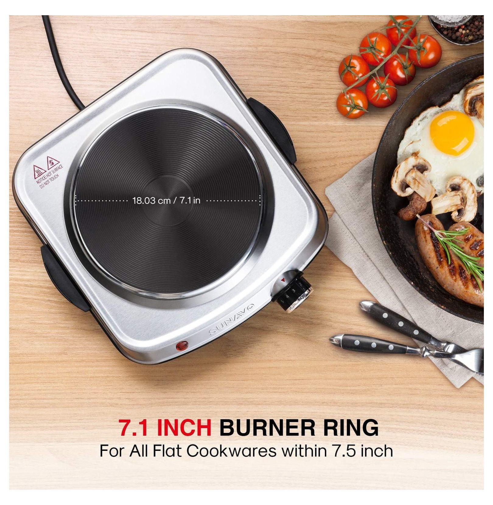 SUNAVO 1500W Hot Plates for Cooking, Electric Single Burner with Handles, 6 Power Levels Stainless Steel Hot Plate for Kitchen Camping RV and More Silver