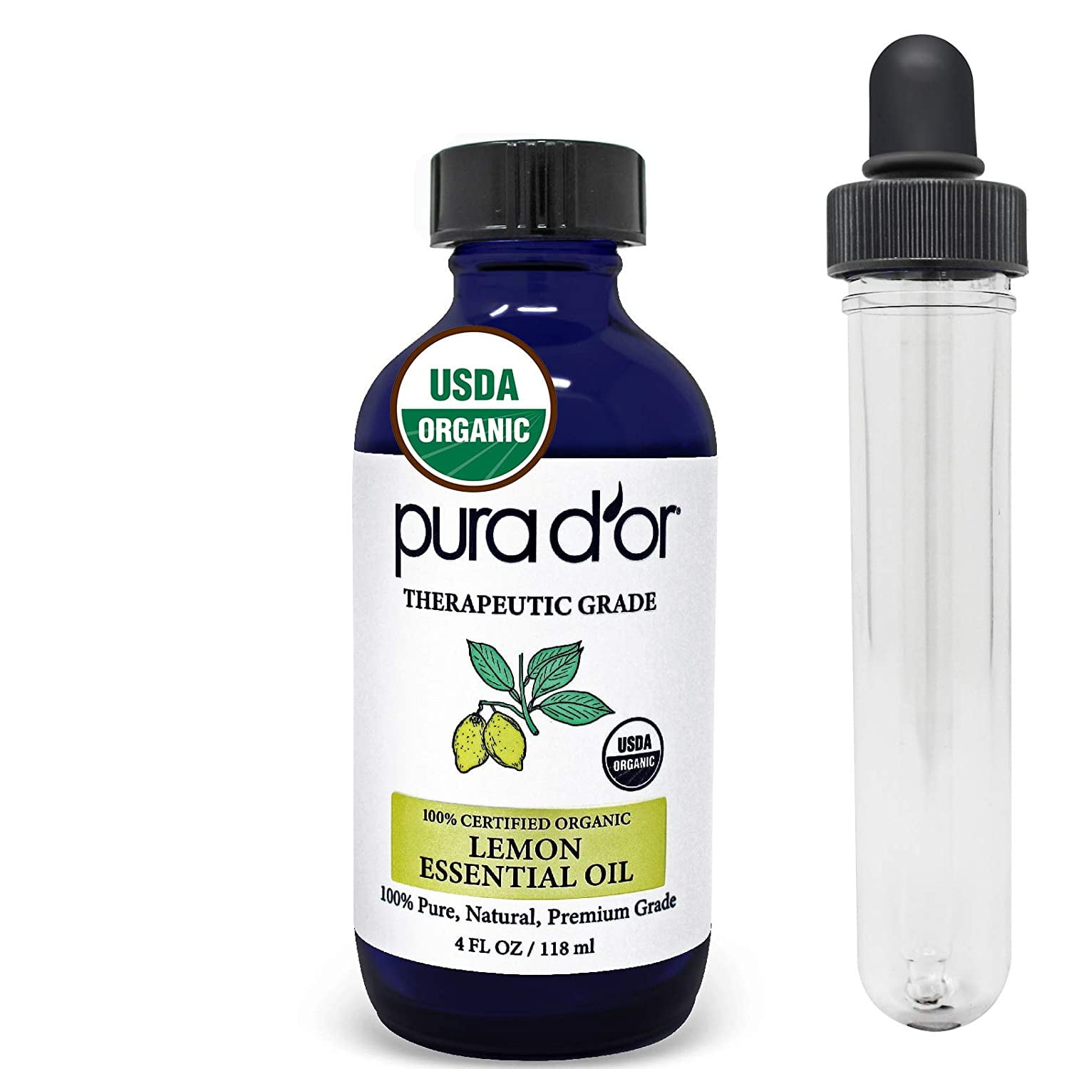 PURA D'OR Organic Lemon Essential Oil (4oz with Glass Dropper) 100% Pure & Natural Therapeutic Grade For Hair, Body, Skin, Aromatherapy Diffuser, Relaxation, Massage, Home, Cleaning, Laundry, DIY Soap