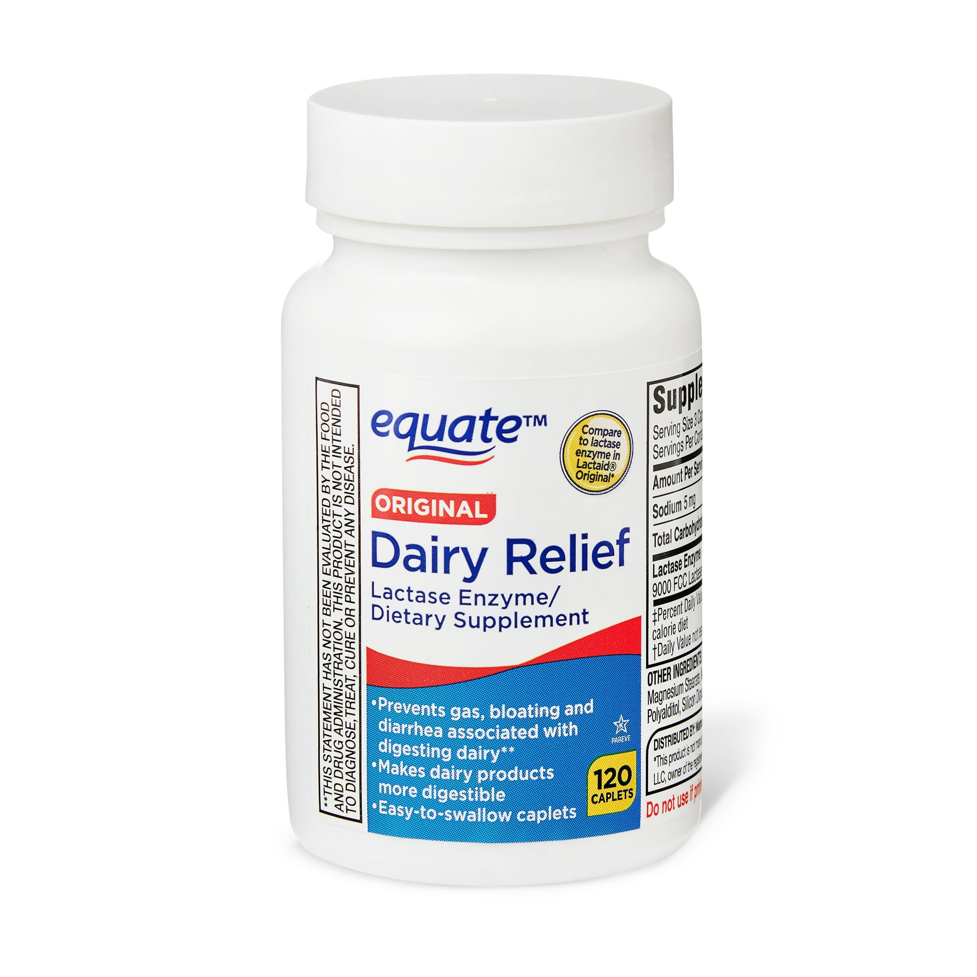 Equate Dairy Relief Lactase Enzyme Caplets, Original, 120 Count, Compare to Lactase Enzyme in Lactaid® Fast Act