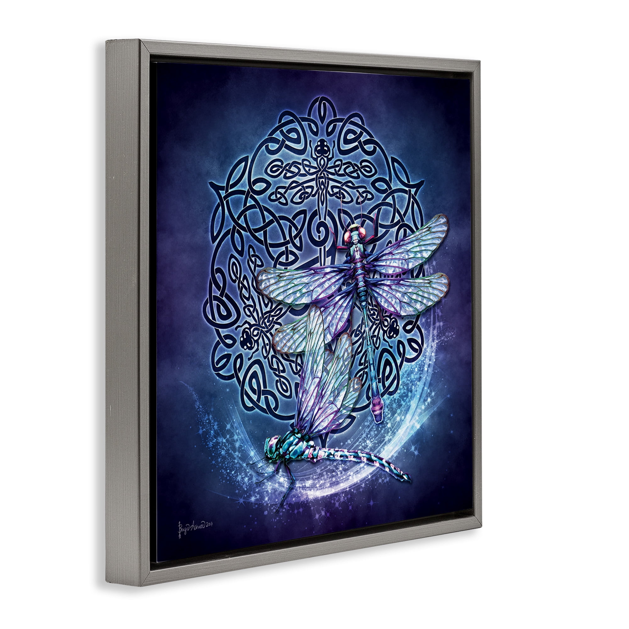 Stupell Industries Dragonfly & Celtic Knot Animals & Insects Painting Gray Floater Framed Canvas Art Print Wall Art, 18 x 18