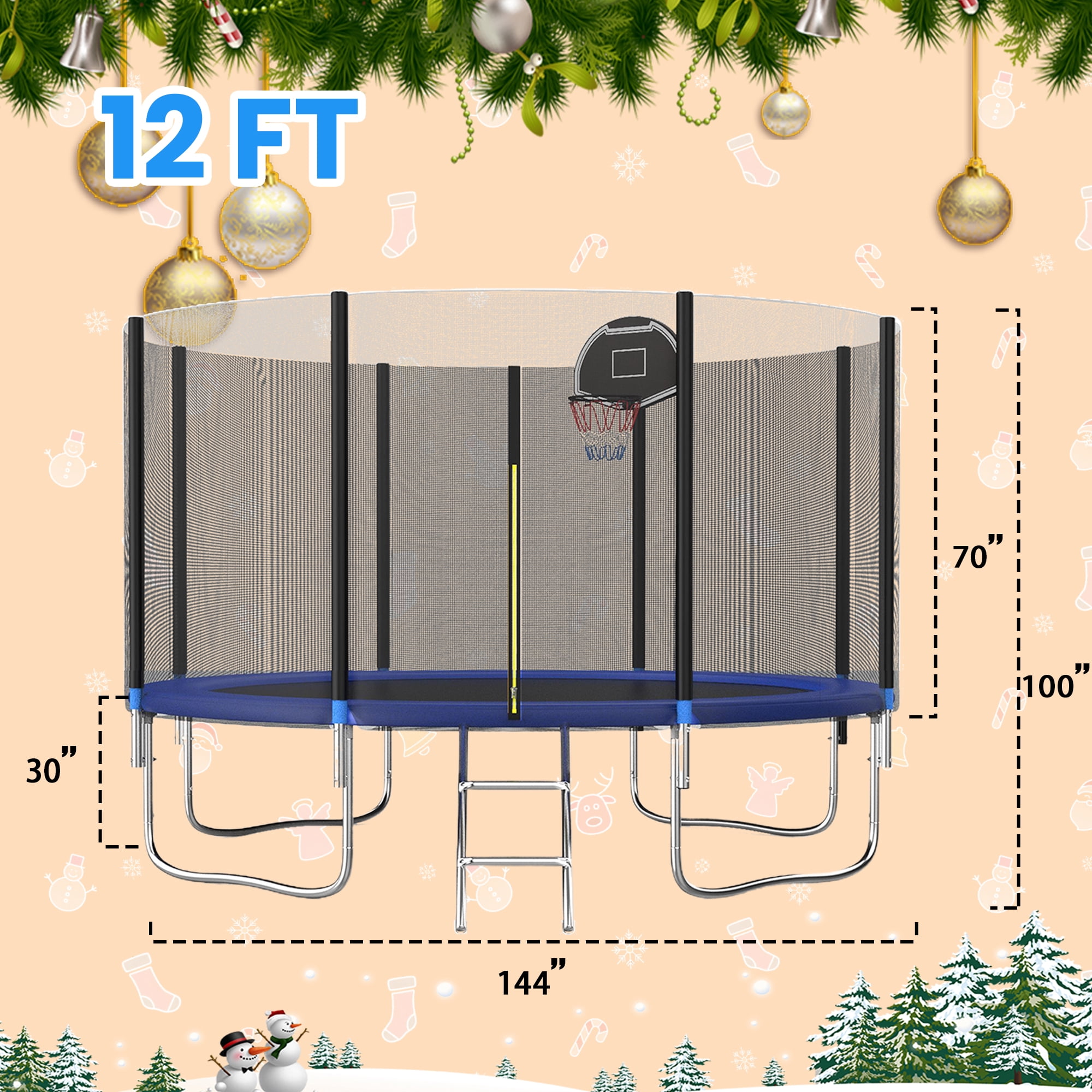 Shengchao Trade 1000LBS 12FT Trampoline for Adults and Kids,Trampoline with Enclosure,Basketball Hoop, Light,Recreational Trampoline with Ladder, Heavy Duty Trampoline Capacity for 4-6 Kids
