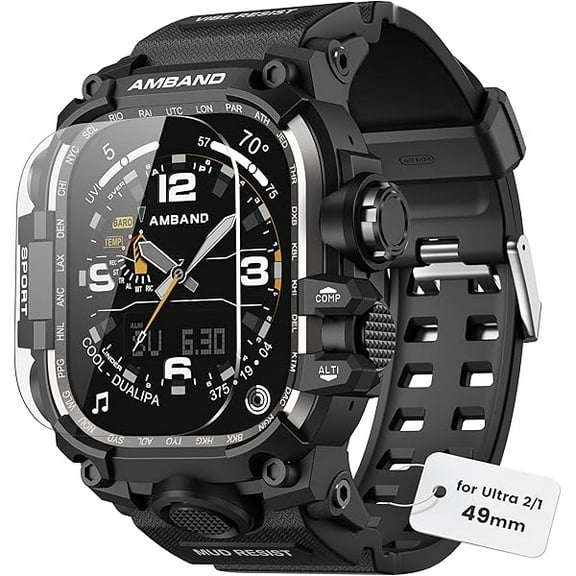 Rugged Case with Band for Apple Watch Ultra 2/1 49mm, M3 Military Grade Shockproof Protective Bumper Cover   Screen Protector, Tactical Strap Accessory for iWatch, Gift for Men, Matte Black