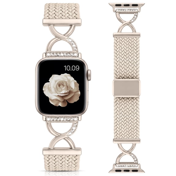 Wearlizer Braided Nylon Watch Band Compatible with Apple Watch Women X-Shaped Diamond Clasp Stretchy Solo Loop Strap Adjustable Lightweight Breathable Wristband for Series 11/10/9/8/7/6/5/4/SE/Ultra