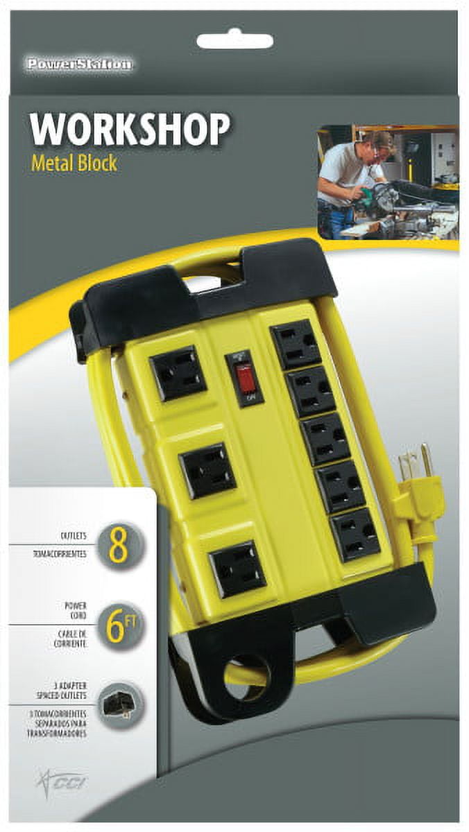 Woods Heavy Duty 8-Outlet Power Strip, 6-Foot, Yellow, NEMA 5-15P Connector Type