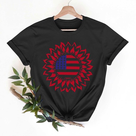 Cxenplz 4Th of July Sunflower Shirts for Women Teen Girls Cotton Patriotic Cute American Flag Graphic Tee Independence Day Outfits