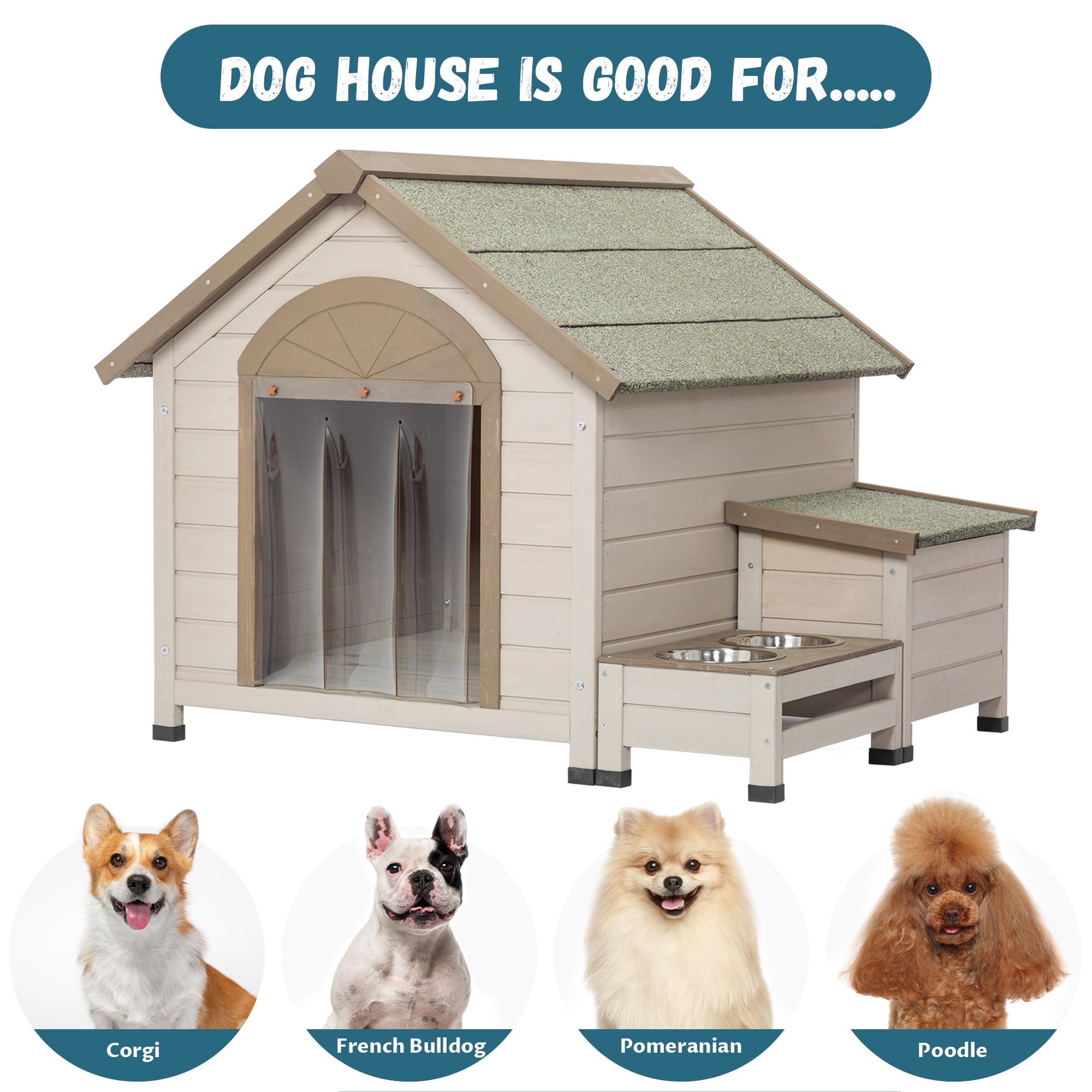 Aukfa Wooden Dog House, Outdoor Shelter for Small to Medium Dog up to 60lbs with Storage, Feed Bowls
