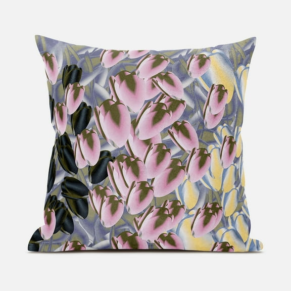 Tulip Bouquet Throw Pillow with Removable Cover in Pink Yellow Gray 16x16