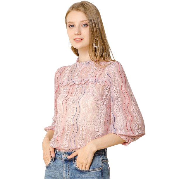 INSPIRE CHIC Blusa Con Cuello Con Volantes Para Mujer, Blusas Transparentes De Encaje Con Mangas 3/4 Rosa L