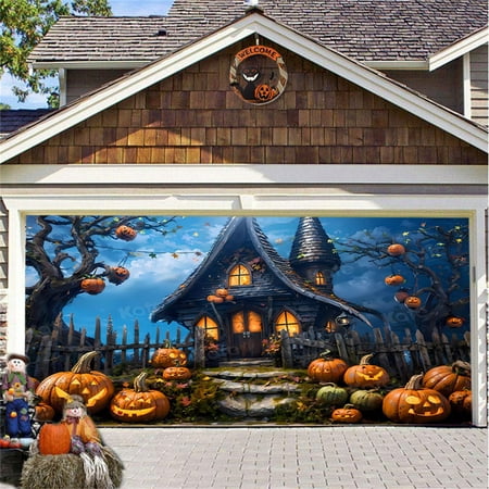 

Saving! iHPH7 Halloween Garage Door Decorations Banner 7 X 16 Ft Movie Characters Halloween Garage Door Cover for Double Car Garage Hanging Halloween Mural for Outdoor Party