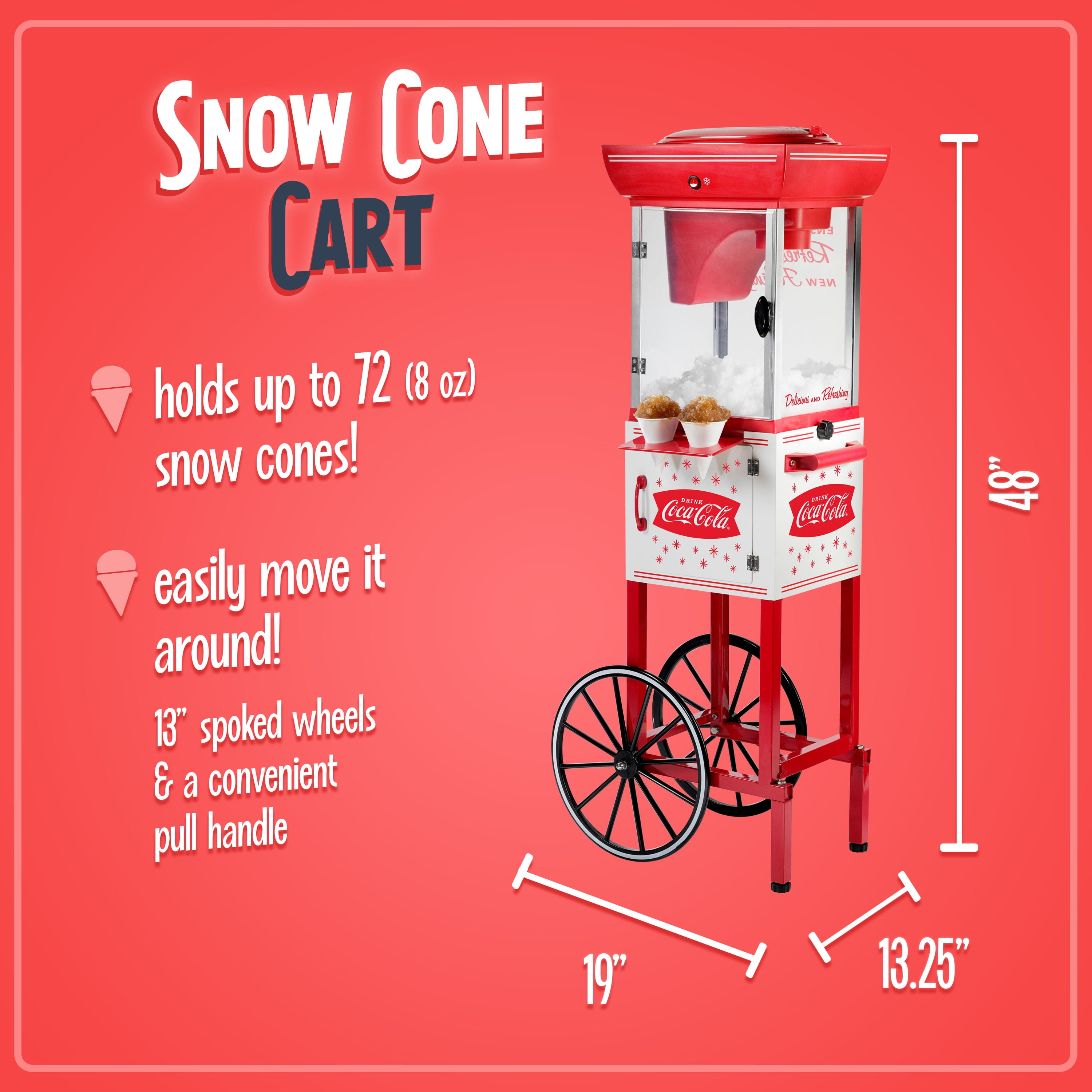 Nostalgia Coca-Cola Snow Cone Maker, 48-Inch Shaved Ice Machine and Snow Cone Maker Cart, Red
