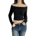 thumbnail image 2 of Elippeo Women Crop Off-Shoulder Tops Lace Patchwork Long Sleeve Shirt Casual Pullovers for Club Streetwear Aesthetic Clothes, 2 of 10