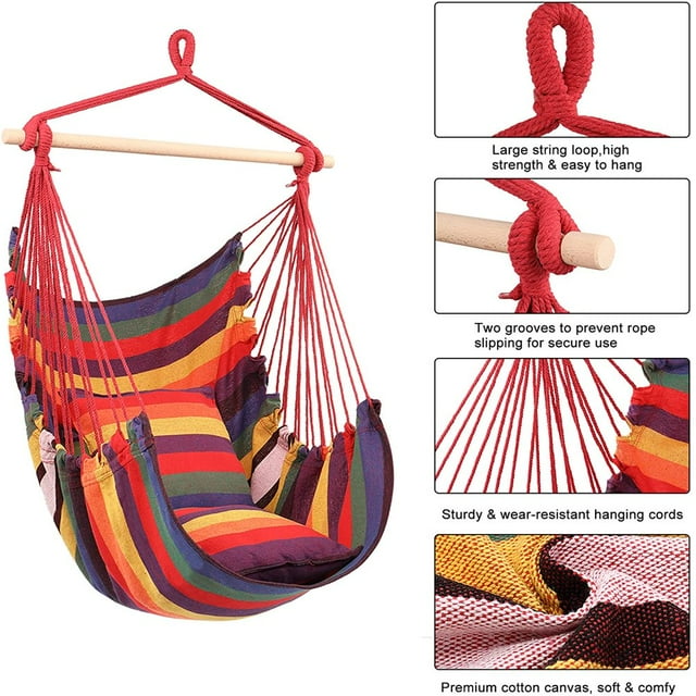 Hammock Chair Hanging Rope Swing with 2 Cushions Anti-Slip Rings for Any Indoor or Outdoor Spaces