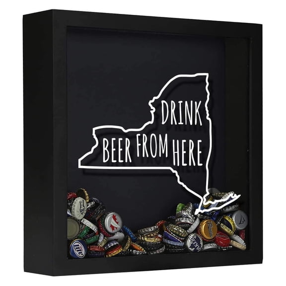 Torched New York Beer Cap Shadow Box Wall Mount Decor 13"x13"x3" Black