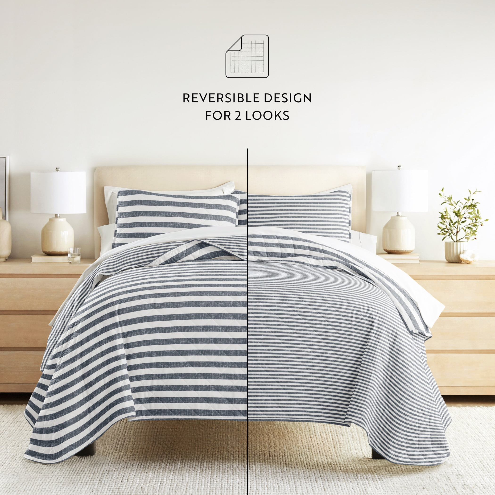 Noble Linens 3-Piece Dusk Blue Classic Stripe Reversible Quilt Set, King