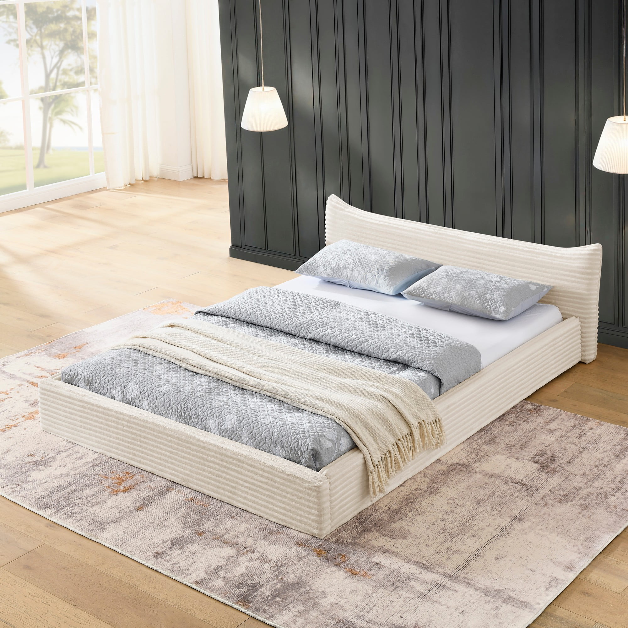 Aukfa Queen Size Upholstered Platform Bed with Curved Headboard, Velvet Fabric Low Profile Bed Frame, No Box Spring Needed, Beige