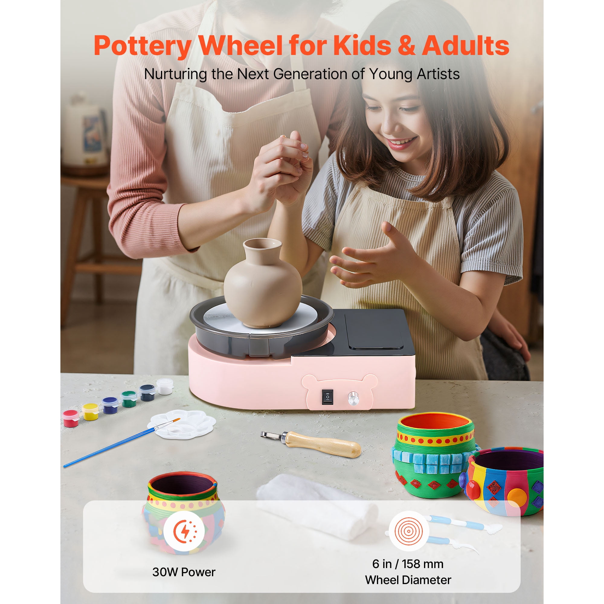 KFFKFF Mini Pottery Wheel with 6-Inch Turntable, Adjustable Speed, Forward and Reverse Rotation, Electric Clay Wheel for Kids and Adults, Includes Clay Shaping Tools, Ideal for Home Projects and Pott