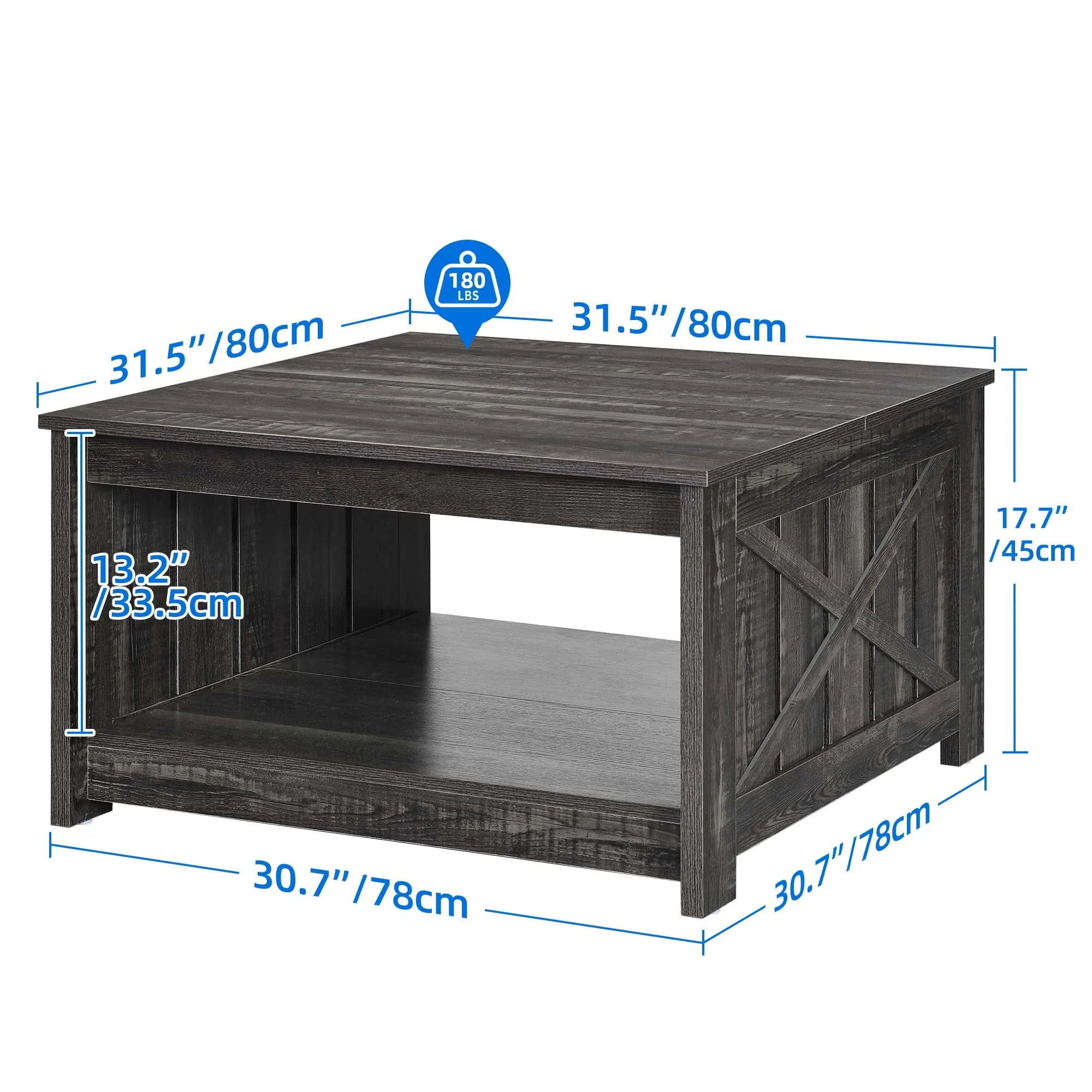 Dextrus Coffee Table with Storage, Square Wood Farmhouse Coffee Table with Barn Door for Living Room, Dark Gray