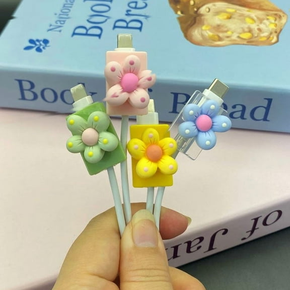 4Pcs Cute Flower Cable Protector for iPhone iPad Charger Mixed Colorful Patterns Charger Protector for USB Data Cable Protector Phone Accessory