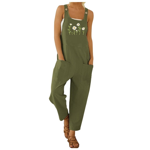 TrendOFT Combinaison d'Été pour Femmes, Coupe Ample Décontractée, Imprimé Mode, Bretelles, Boutonnée, une Pièce, Vert Armée TTG