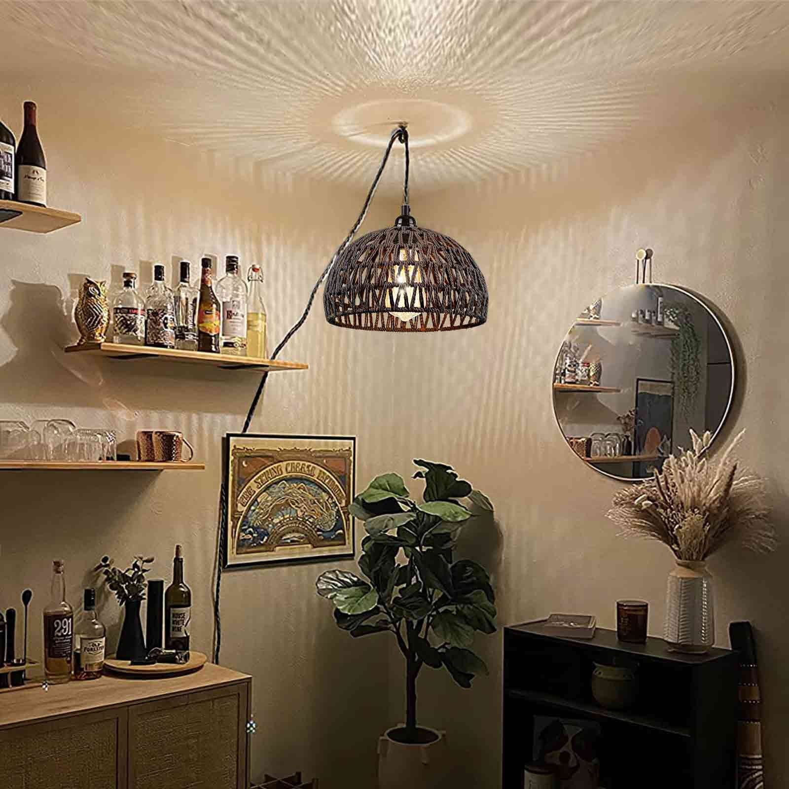 IC INSTANT COACH 1-Light Pendant Light, Dense Paper Birch Woven Basket Chandelier with Twist Hemp Hanging Cord E26 Plug in Coastal Pendant Light Fixtures for Dining Room Living Room Kitchen Island Foy