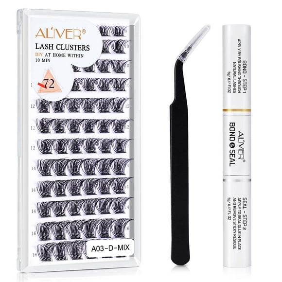 DIY Lash Extension Kit, Lash Cluster 72 Pcs with 72h Strong Hold Lash Bond and Seal + Cluster Eyelashes Applicator Tool Eyelash Extensions Kit for Self Applicator at Home