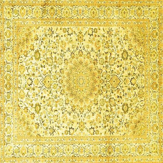 Ahgly Company Machine Washable Indoor Square Medallion Yellow Traditional Area Rugs, 3' Square