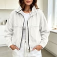 thumbnail image 5 of Sevevn Women's Zip Up Cropped Denim Jacket Stand Collar Elastic Hem Oversized Washed Jean Bomber Jacket with Pockets White L, 5 of 9