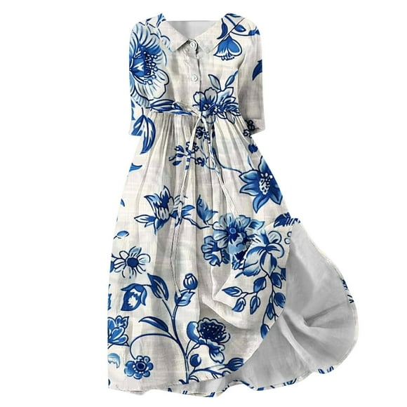 Women's Workout Floral Boho Lapel V Neck Button Flowy Fall Dress Fashion Summer Tea Length A Line Dress 3/4 Sleeve Spring Clearance Elegant Casual Drawstring Blue M