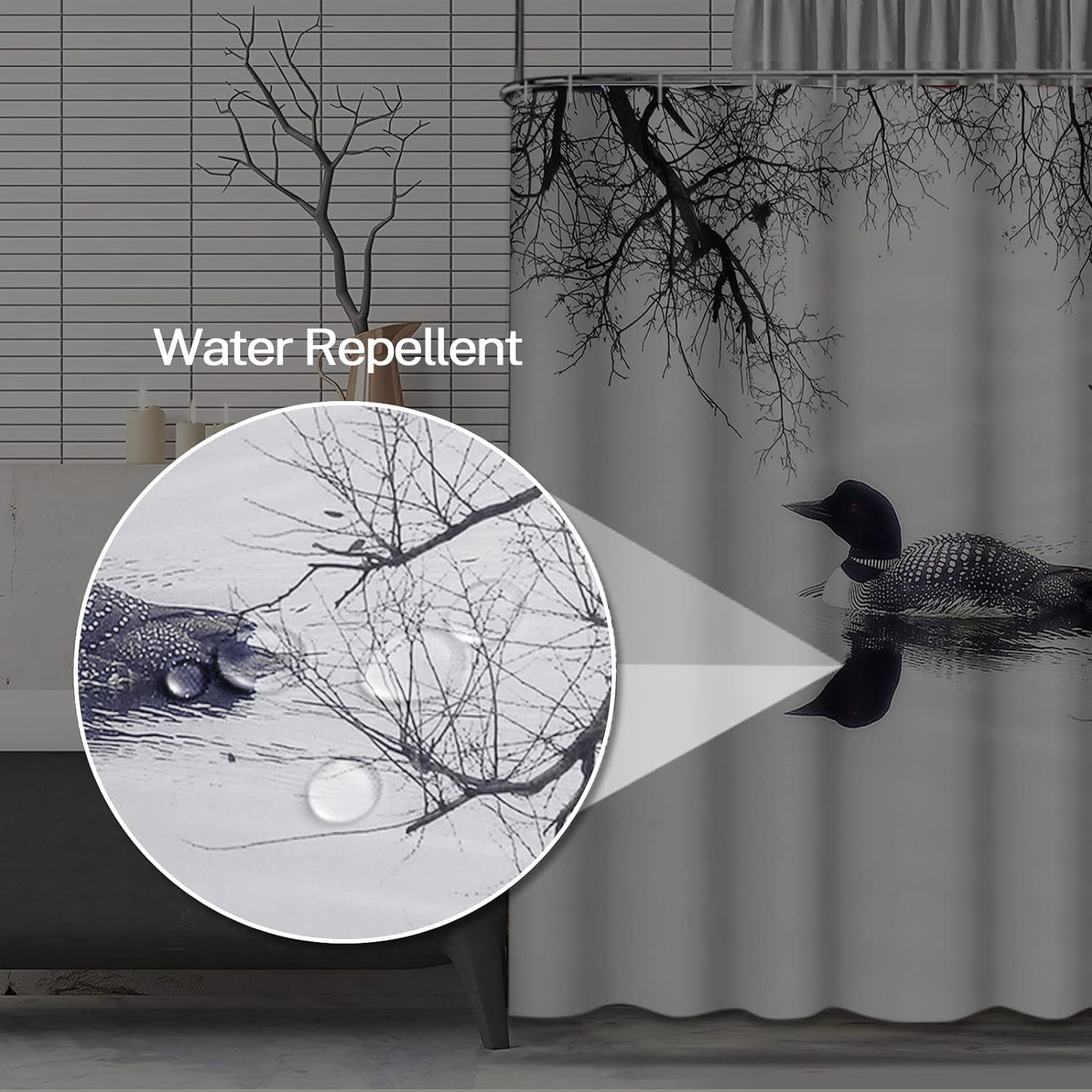 Shower Curtain Water Black and White Loon Lake Cottage Bird 72"x72" Home Decor Waterproof Bath Bathroom Curtain Set with Hooks