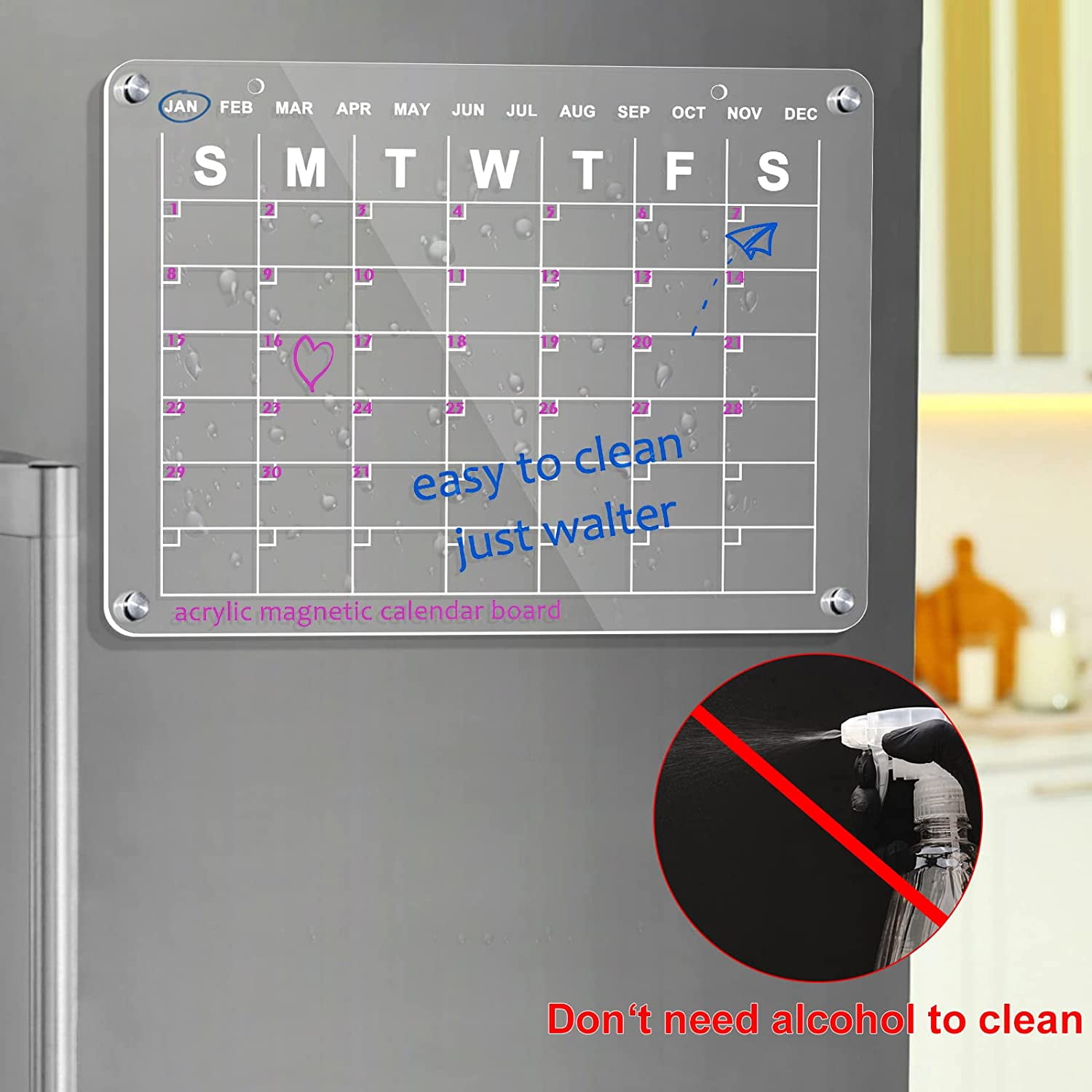 Monthly Planner Acrylic Magnetic Dry Erase Board, Adhesive Board with 6 Pens