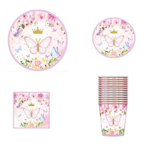Butterfly Decoration Birthday Party Tableware Set for 25 Guests 37 Piece Paper Plates Cups NapkStraws Magical Butterflies Decoration Birthday Boy