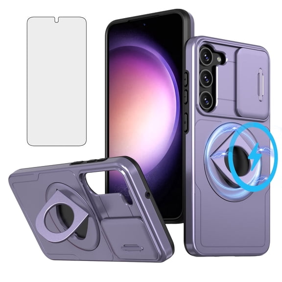 Asuwish Camera Cover, Ring Holder Rugged Cell Phone Case with Tempered Glass Screen Protector for Samsung Galaxy S23, Purple